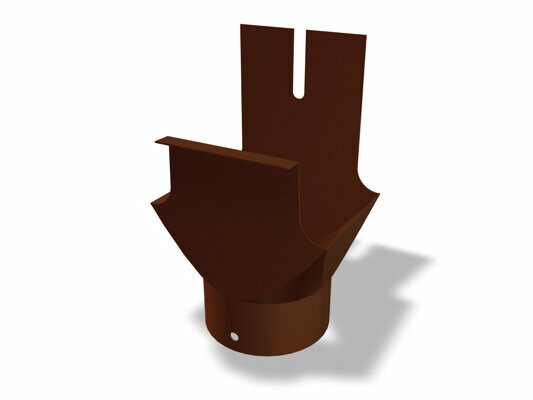 Na zdjęciu przedstawiono brązowy sztucer do rynny prostokątnej z wylotem okrągłym firmy PREFA, wykonany z wysokiej jakości aluminium. Sztucer do rynny służy jako element przejściowy między rynną prostokątną a rurą spustową i zapewnia skuteczne odprowadzanie wody deszczowej. Dostępny jest w różnych rozmiarach: 250 × Ø 80, 333 × Ø 100, 400 × Ø 120 oraz 500 × Ø 120 i 500 × Ø 150.