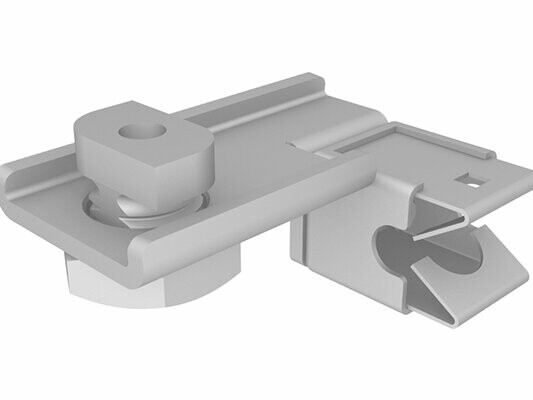 Zacisk odgromowy PREFA do rur kwadratowych ze zintegrowanym klipsem Niro jako uchwytem przewodu, wraz z zaciskiem mocującym. Zacisk ten służy do bezpiecznego mocowania przewodów o średnicy Ø 8–12 mm i zapewnia niezawodny montaż.