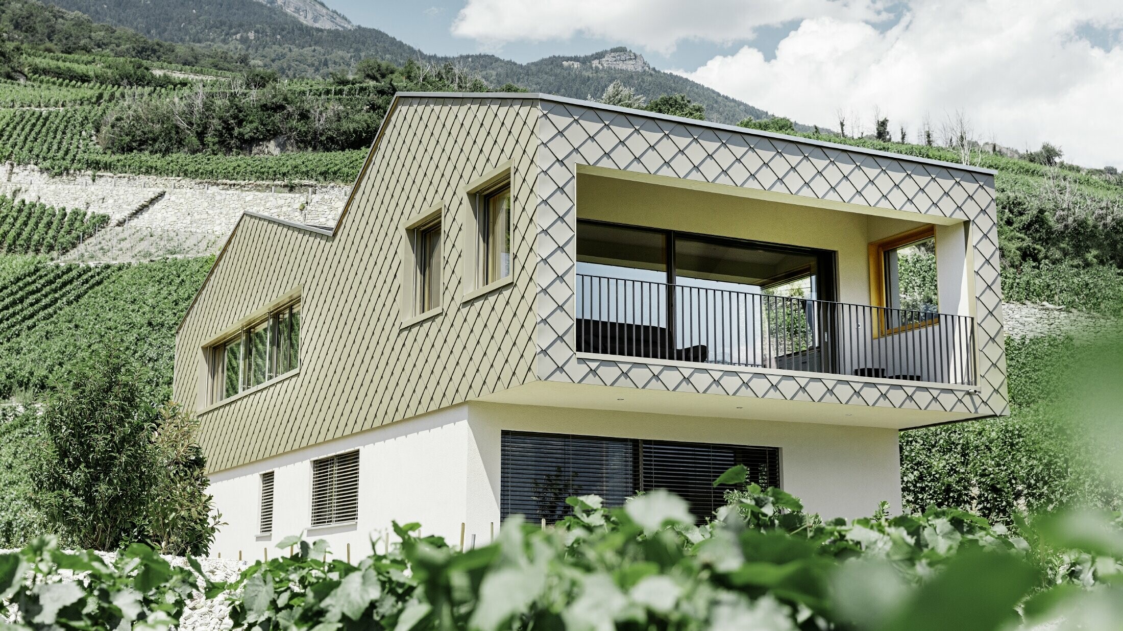 Nowoczesny dom jednorodzinny położony wśród winnic doliny Rodanu, z 4 różnymi powierzchniami dachowymi i otwartą galerią z elewacją z rombu w kolorze brązu