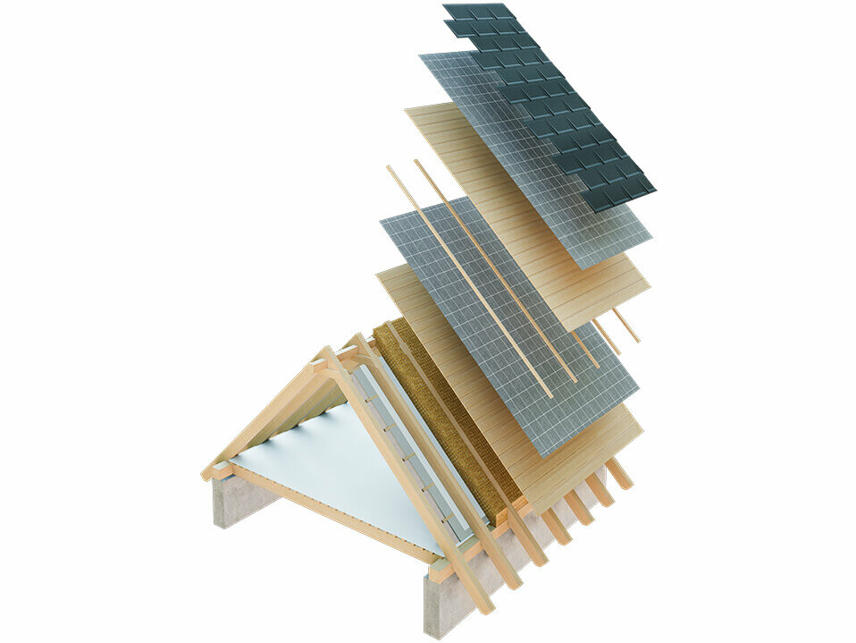 Ilustracja techniczna konstrukcji dachu nieocieplanego, konstrukcja dachu wielowarstwowego z łatami, pełnym deskowaniem, warstwą rozdzielającą, więźbą dachową; poddasze może być wykorzystywane jako użytkowe; konstrukcja dachu dwuwarstwowego, konstrukcja dachu wentylowanego; kontrłaty.