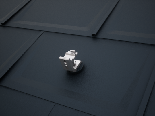 Rendering systemu montażu paneli słonecznych PREVARIO 3.S, zamontowanego na czarnych dachówkach klasycznych PREFA R.16. System ten stanowi idealną podstawę dla instalacji fotowoltaicznych na dachach aluminiowych PREFA.