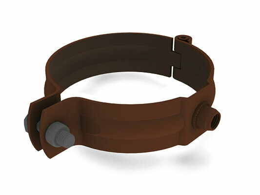 Obejma do rury spustowej PREFA, brązowa, Ø 60, 80, 100, 120, 150 mm, z gwintem M10, bez trzpienia, stabilne mocowanie rur spustowych.