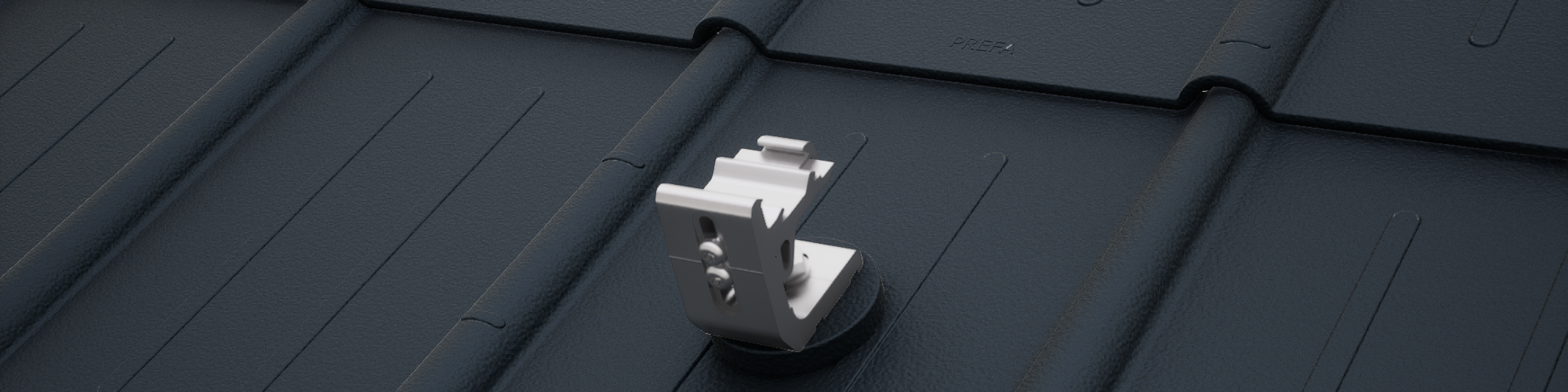 Rendering systemu montażowego do instalacji solarnej PREVARIO 3.S, zamontowanego na klasycznych dachówkach PREFA w kolorze czarnym. System montażowy do instalacji solarnej stanowi idealną podstawę dla rozwiązań fotowoltaicznych na dachach aluminiowych PREFA.