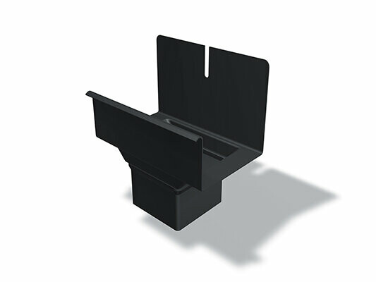 Sztucer do rynny prostokątnej z wylotem kwadratowym PREFA, dostępny w rozmiarach 80/250, 80/333, 100/333 i 100/400 mm, służy do skutecznego zbierania i odprowadzania wody deszczowej w systemach odwadniających dachy.